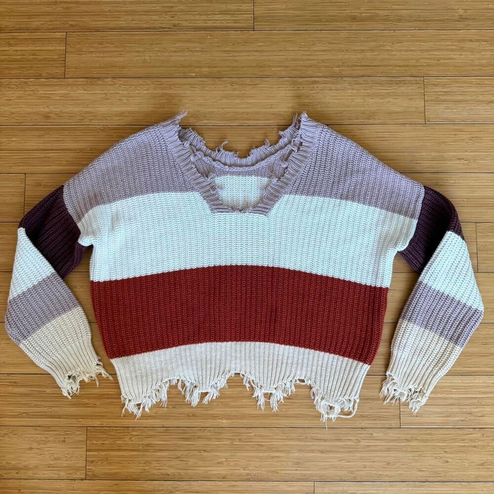 Preppy Colorblock Distressed Knit Sweater M Thanksgiving Slouchy Fall